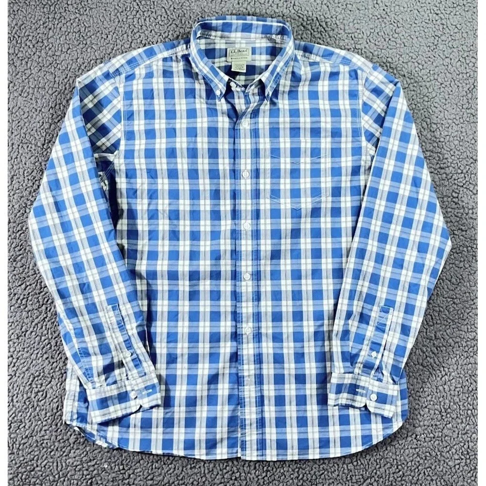 LL Bean Mens Blue White Plaid CoolMax Slightly Fitted Button Down Shirt L-Reg
